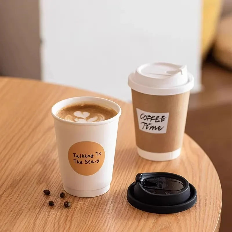 Disposable Double-layer Paper Cup Coffee Latte Cold Drink Hot Drink Cup Thickened with Lid Disposable Paper Cup