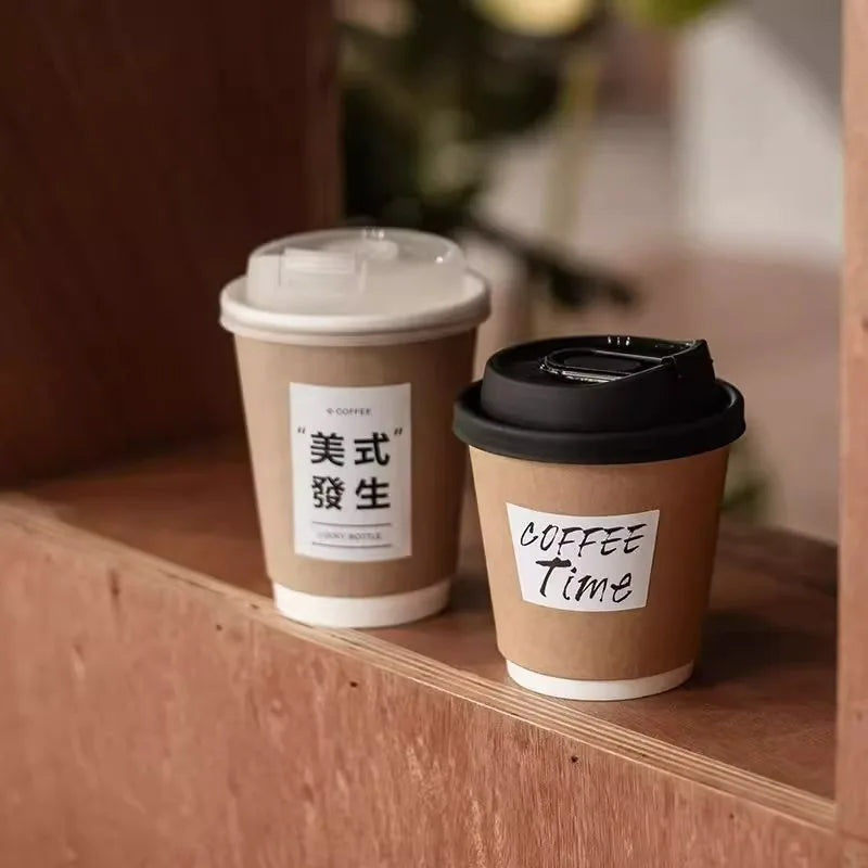 Disposable Double-layer Paper Cup Coffee Latte Cold Drink Hot Drink Cup Thickened with Lid Disposable Paper Cup