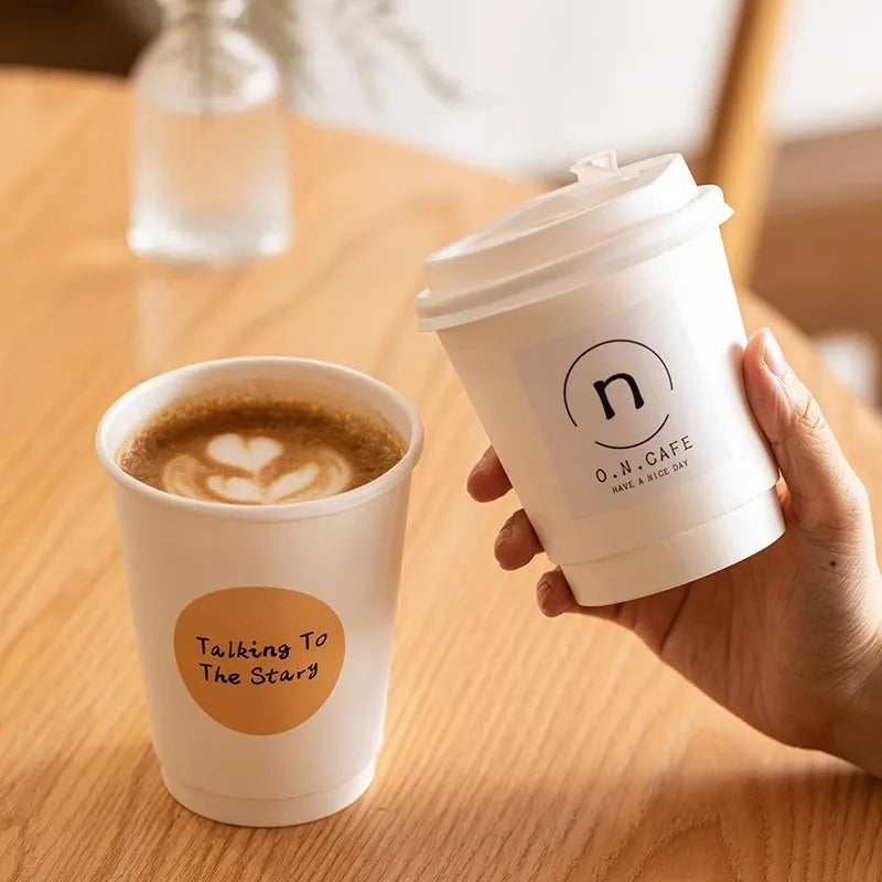 Disposable Double-layer Paper Cup Coffee Latte Cold Drink Hot Drink Cup Thickened with Lid Disposable Paper Cup